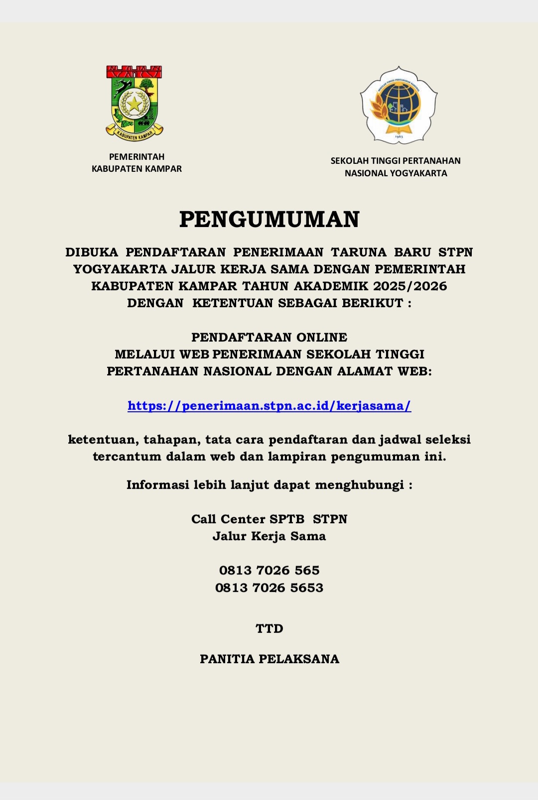 Peluang Emas untuk Putra-Putri Kampar, STPN Yogyakarta Buka Pendaftaran Taruna Baru