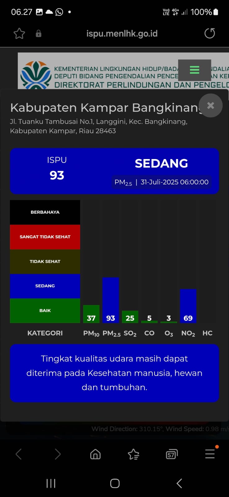 ISPU Bangkinang Capai 93, DLH Kampar Imbau Warga Waspada Kualitas Udara