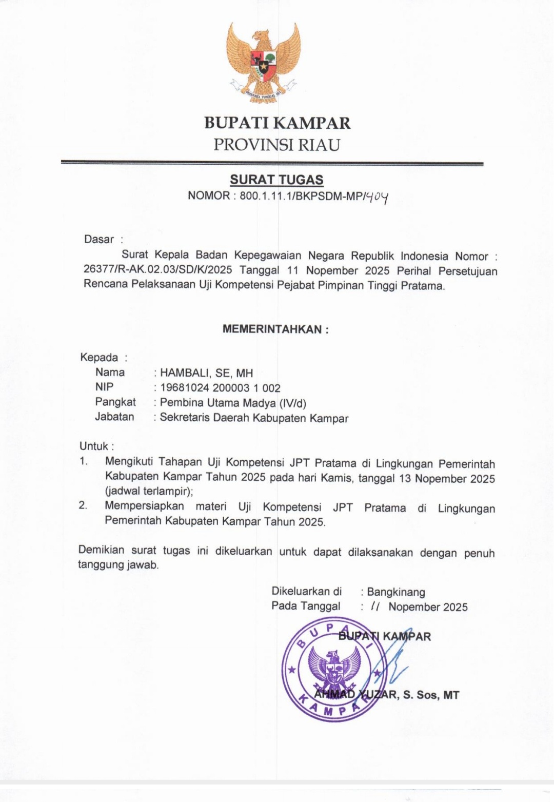 Terima Surat Tugas Dari Bupati, Sekda Kampar Hambali Pilih Pensiun Dini